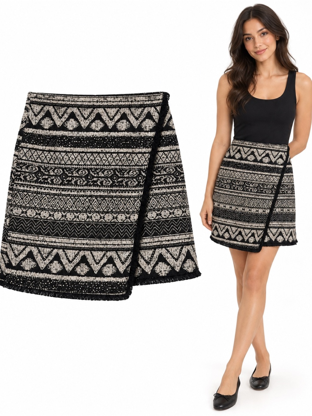 Source Unknown Black & Cream Patterned Wrap Mini Skirt